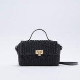 Vacation Ready Woven Trim Top Handle Crossbody Bag - Black