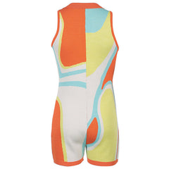 Color Block Button Down Collared V Neck Knit Romper - Multicolor