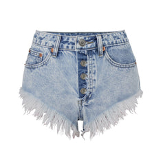 Vintage Button Up Mid Rise Frayed Denim Shorts - Light Blue