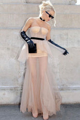 Vintage Dotted Mesh Peplum Strapless Maxi Evening Dress - Khaki