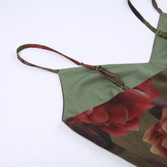 Vintage Floral Print V Neck Slip A-line Maxi Dress - Green