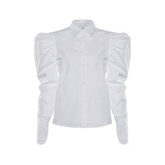 Vintage Frilled Puff Sleeve Pointed Collar Button Up Blouse - White