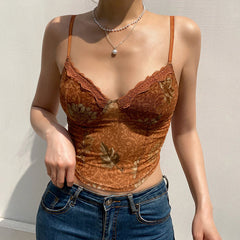 Vintage Lacy Sweetheart Neck Floral Printed Crop Tank Top - Brown