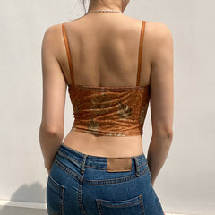 Vintage Lacy Sweetheart Neck Floral Printed Crop Tank Top - Brown