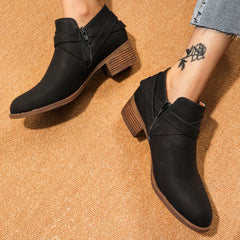 Vintage Pointed Toe Block Heel Buckle Strap Suede Ankle Boots - Black