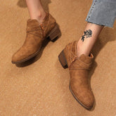 Vintage Pointed Toe Block Heel Buckle Strap Suede Ankle Boots - Brown
