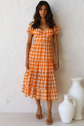 Vintage V Neck Puff Sleeve Backless Plaid Midi Dress - Orange