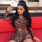 Leopard Printed High Neck Long Sleeve Romper - Coffee
