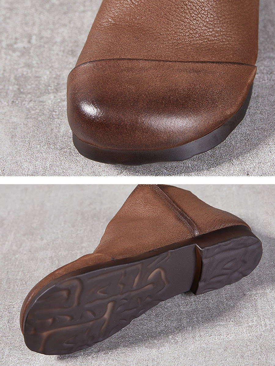 Solid Genuine Leather Winter Zipper Low Heel Boots