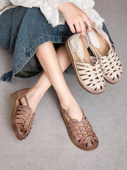 Leather Sandals Heel Low Weave