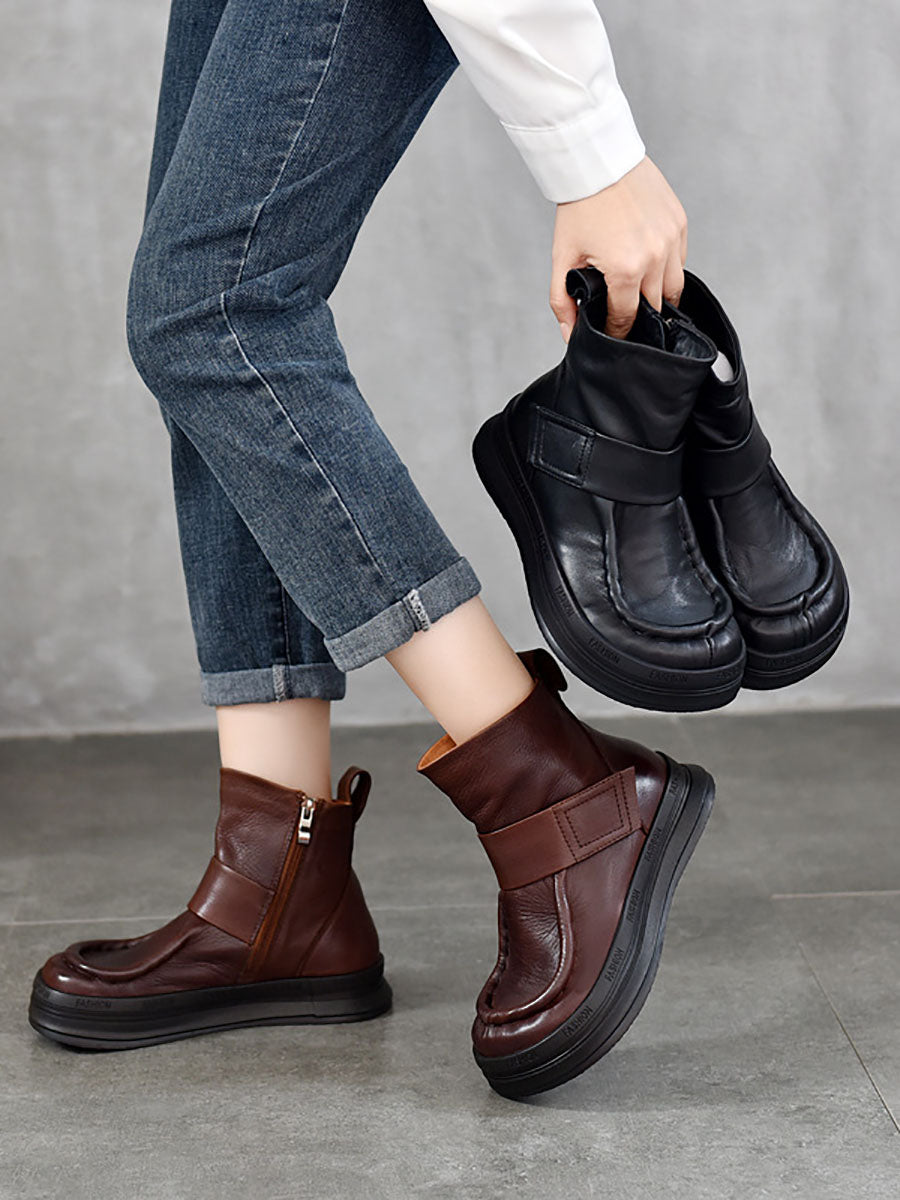 Vintage Soft Leather Spliced Flat Ankle Boots