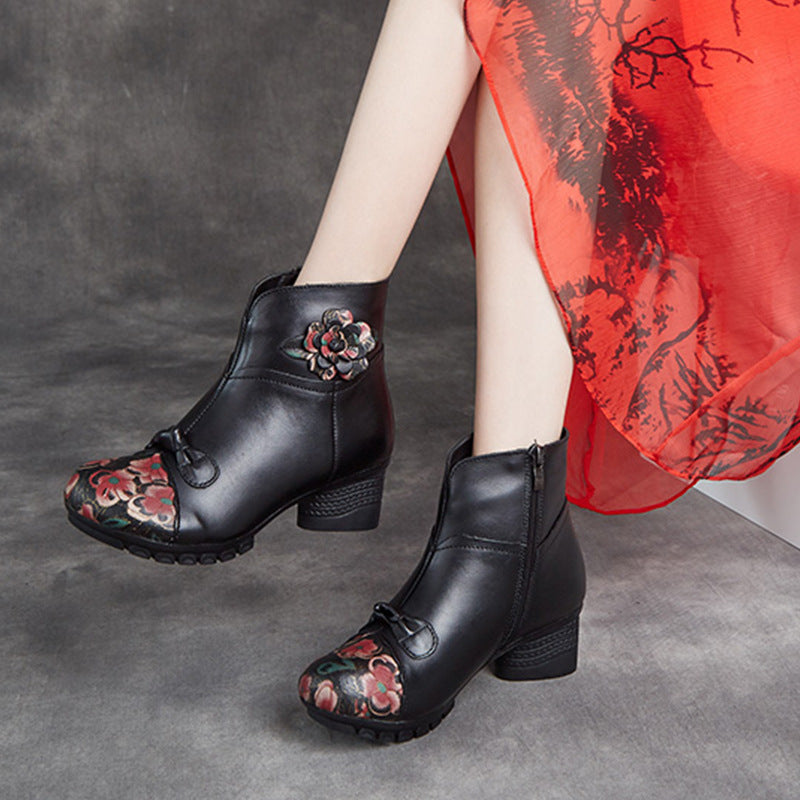 Ethnic Autumn Flower Spliced Leather Mid-Heel Boots