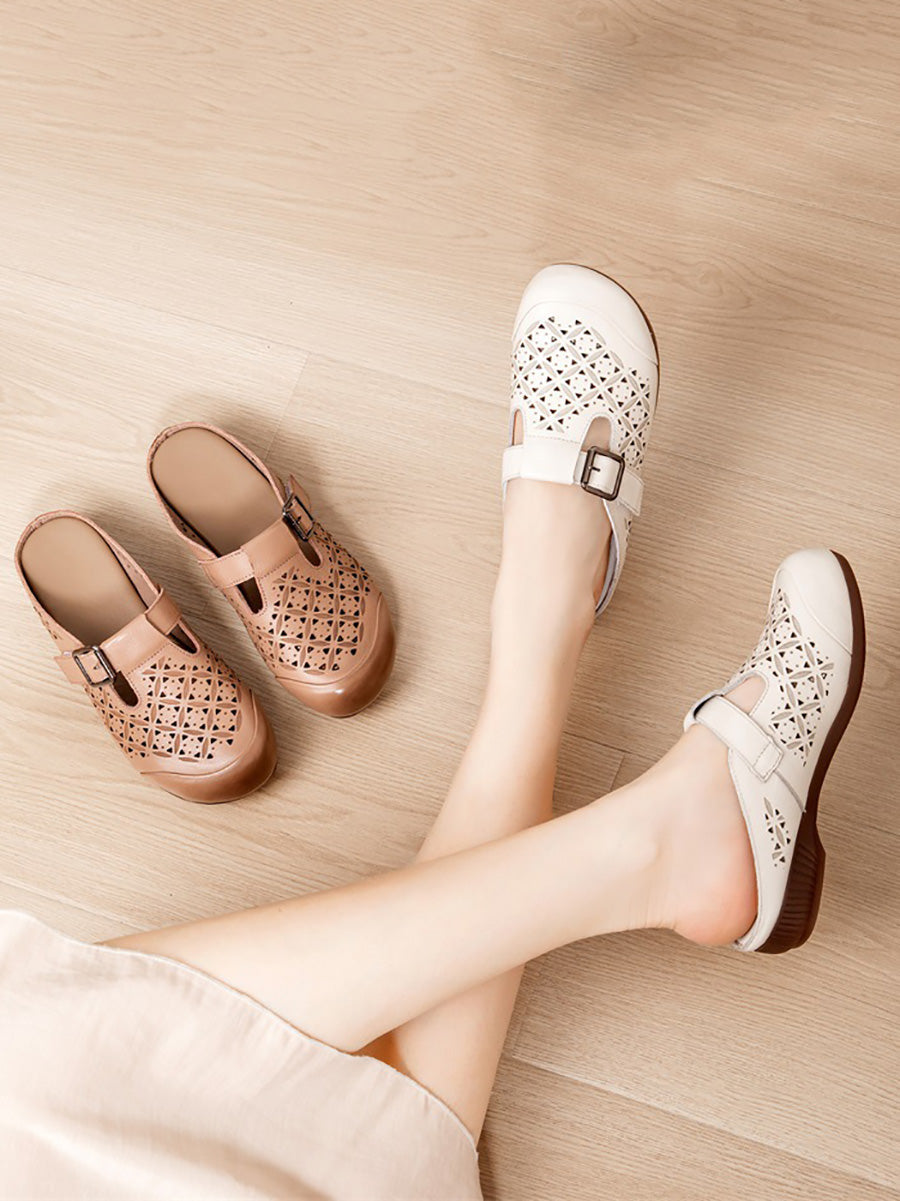 Heel Hollow Out Genuine Low Leather Shoes Vintage