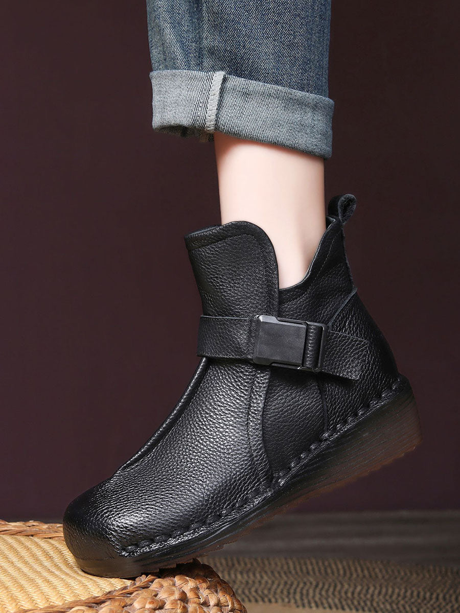 Retro Leather Spliced Mid Heel Ankle Boots
