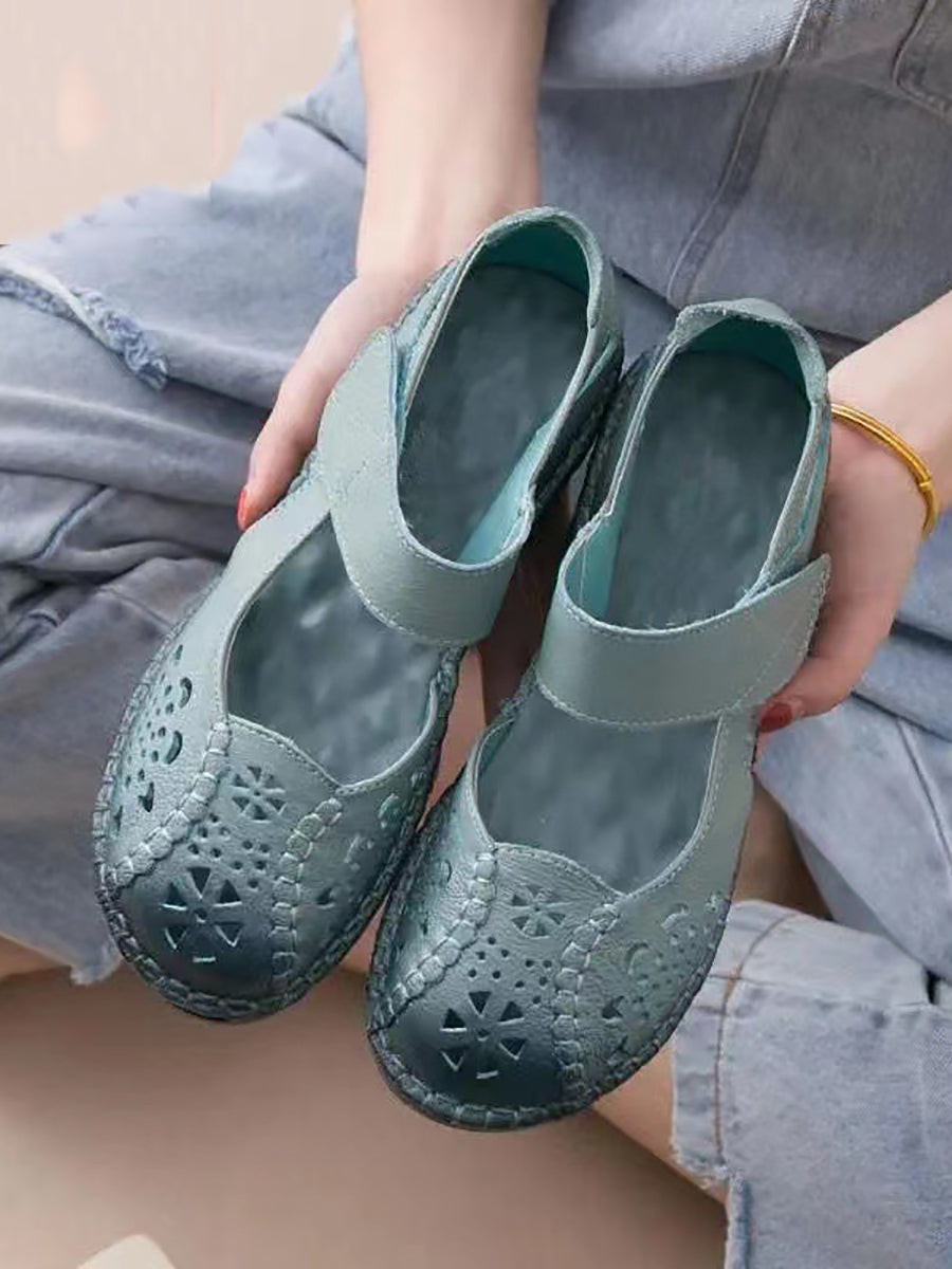 Leather Cutout Solid Low-Heel Sandals