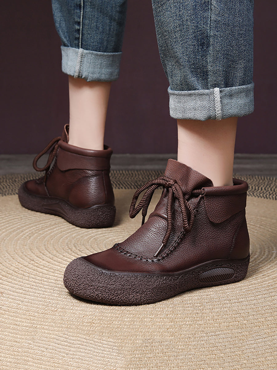 Retro Genuine Leather Spliced Strap Flat Boots