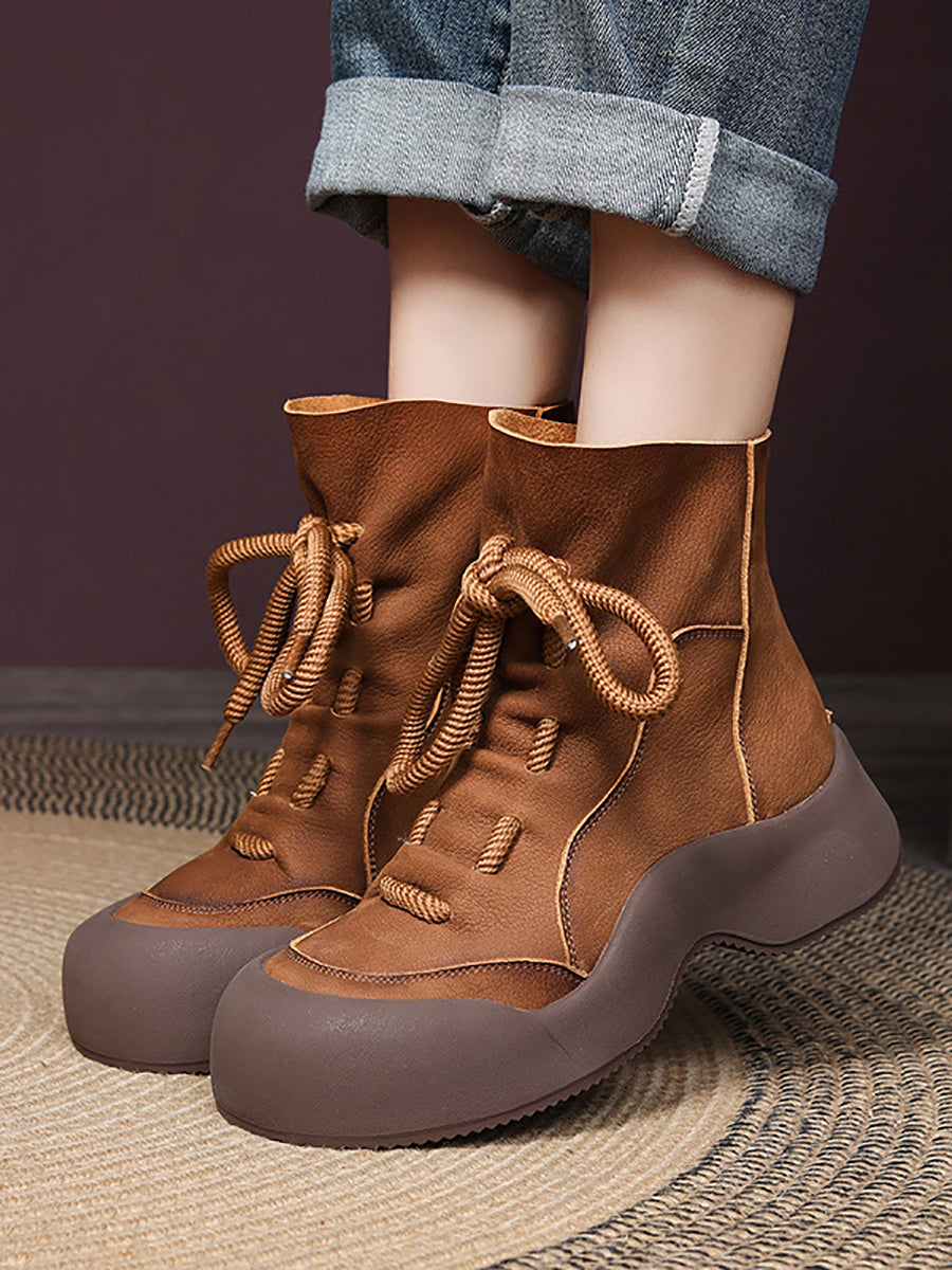 Winter Vintage Soft Leather Spliced Platform Boots