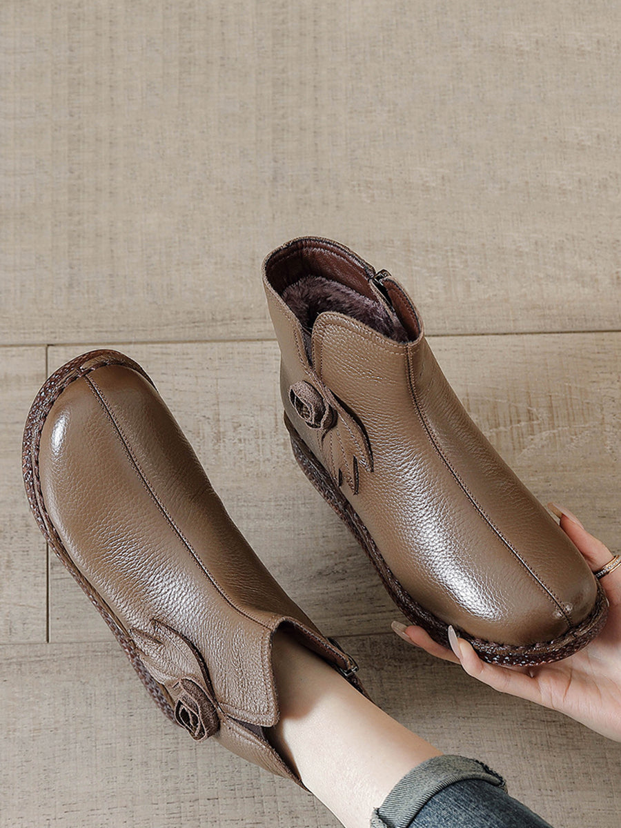 Vintage Genuine Leather Flower Flat Ankle Boots