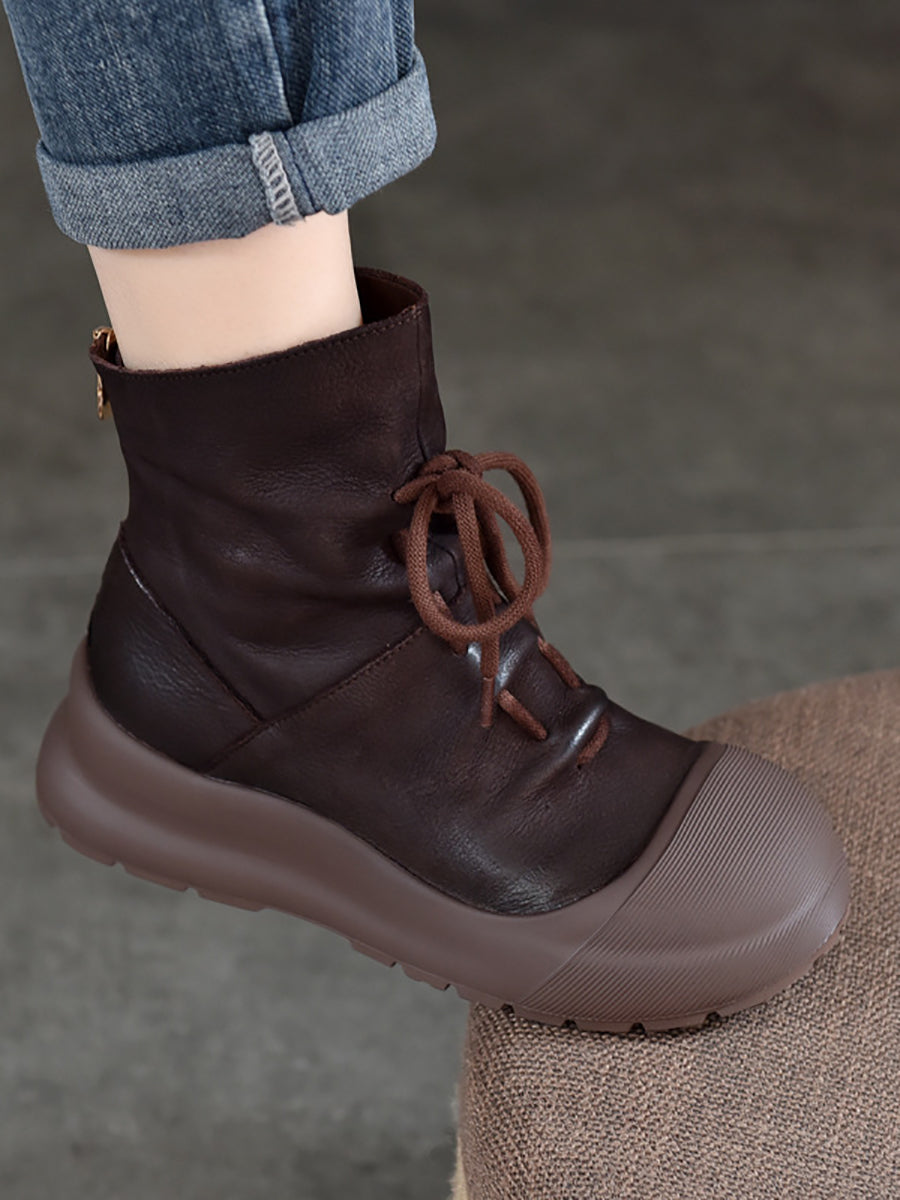 Genuine Leather Mid-Heel Martin Boots