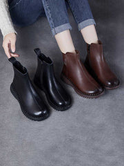 Retro Genuine Leather Zippper Mid-Heel Boots