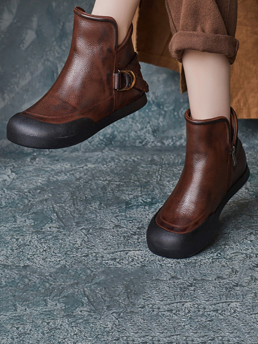 Winter Vintage Leather Spliced Zipper Flat Boots