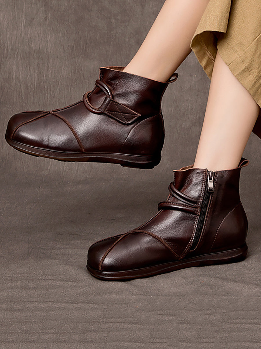 Vintage Genuine Leather Spliced Zipper Flat Boots