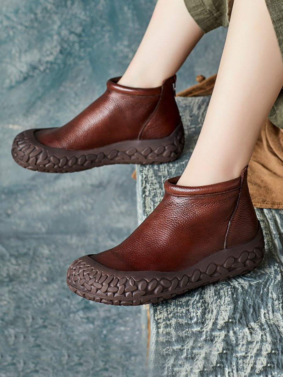 Autumn Casual Pure Color Leather Zipper Flat Boots