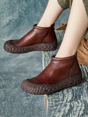 Autumn Casual Pure Color Leather Zipper Flat Boots