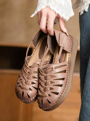 Leather Sandals Heel Low Weave