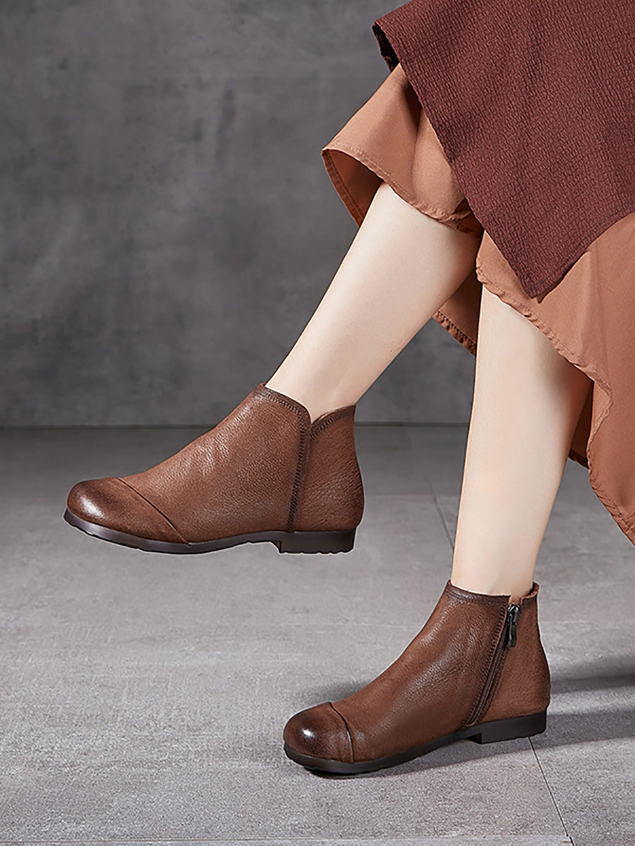 Solid Genuine Leather Winter Zipper Low Heel Boots