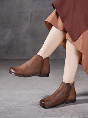 Solid Genuine Leather Winter Zipper Low Heel Boots
