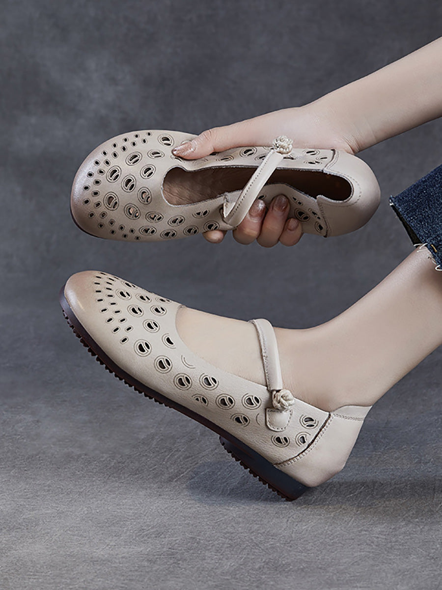 Genuine Shoes Hollow Out Heel Low Leather