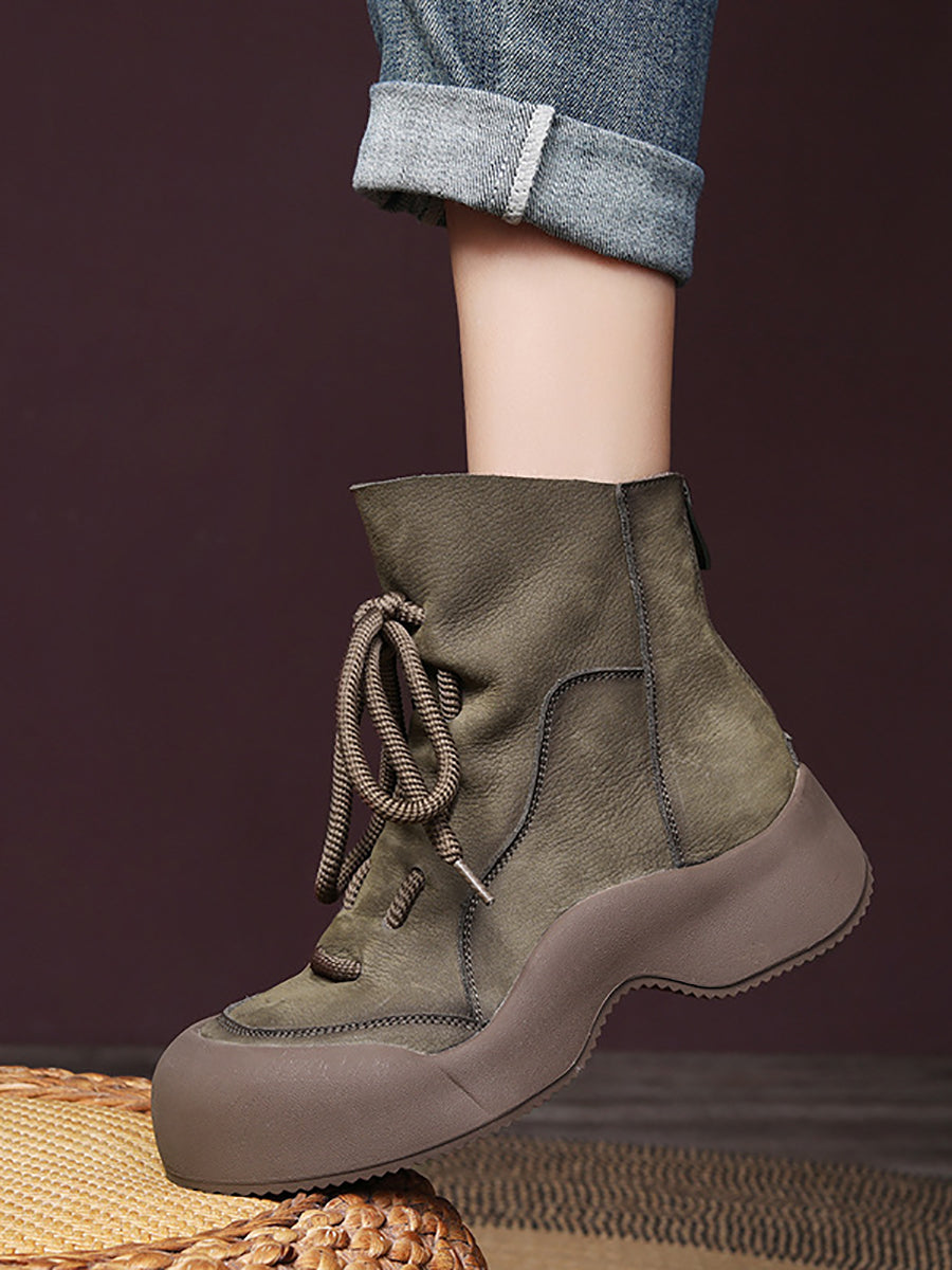 Winter Vintage Soft Leather Spliced Platform Boots