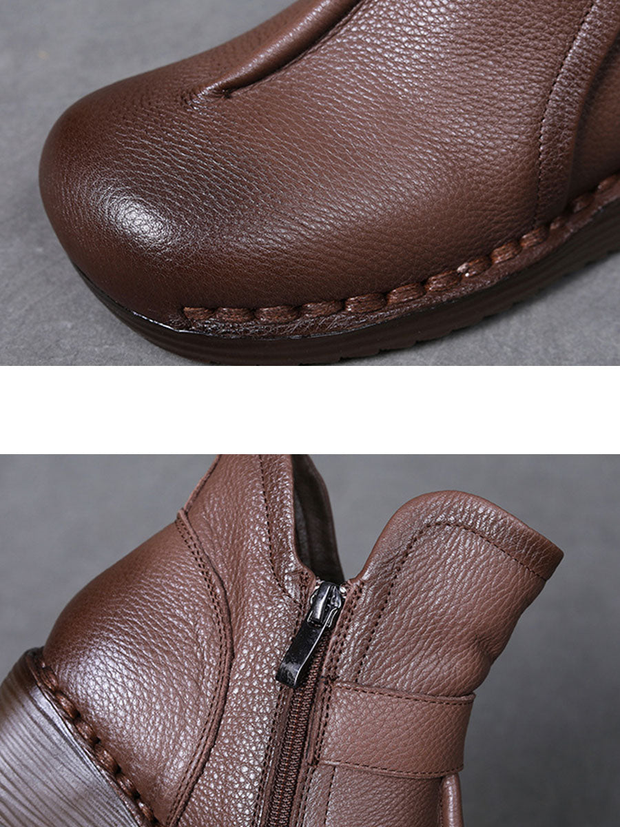 Retro Leather Spliced Mid Heel Ankle Boots