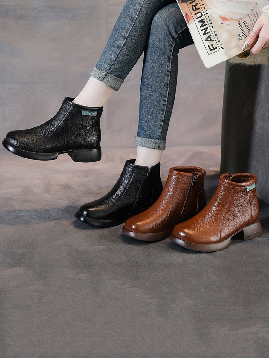Vintage Commute Leather Zipper Mid-Heel Boots