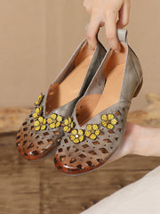 Heel Flower Hollow Low Shoes Leather Out Ethnic
