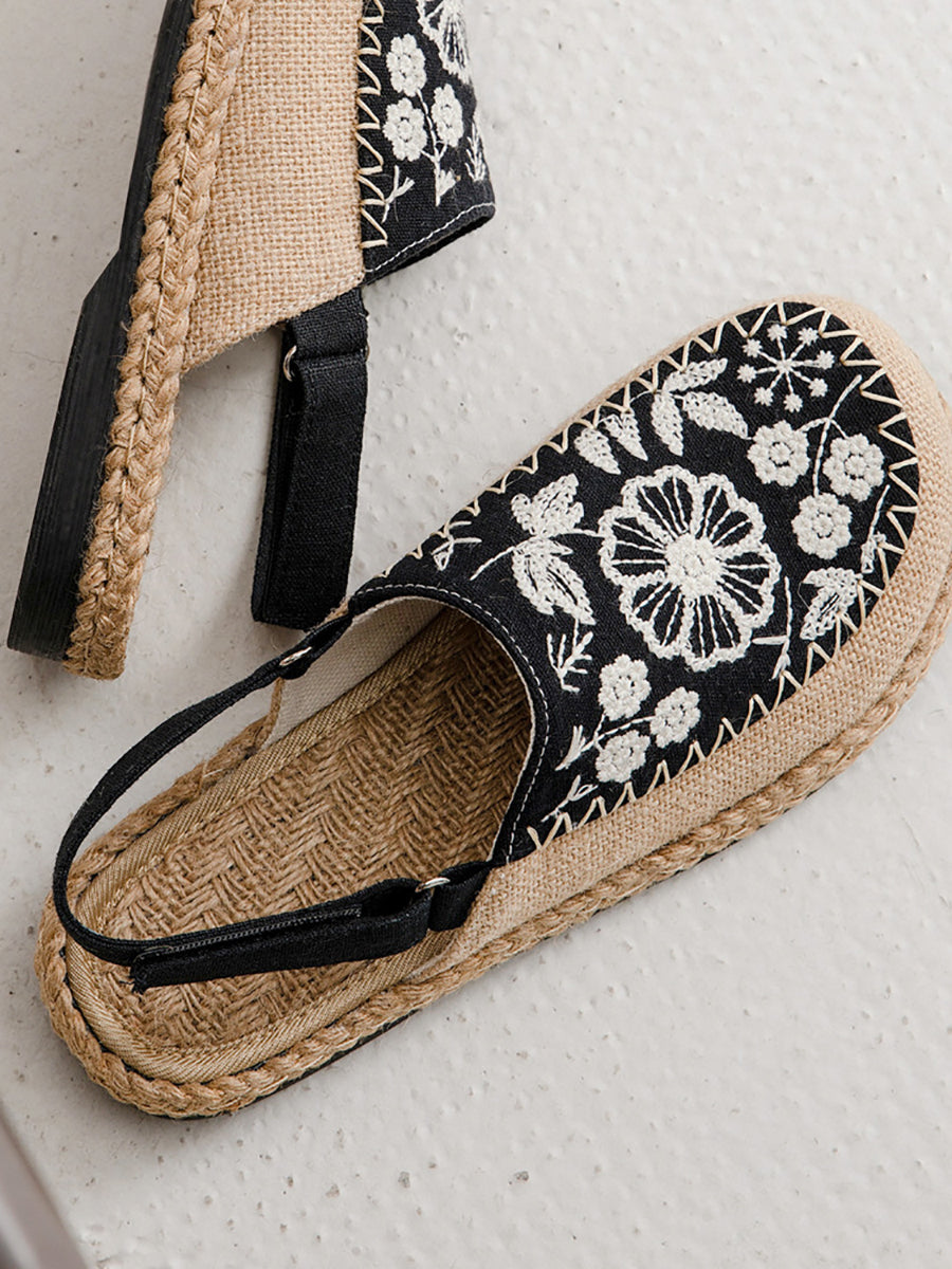 Sandals Linen Embroidery Ethnic Flower