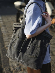Vintage Solid Pocket Denim Handbag Shoulder Bag