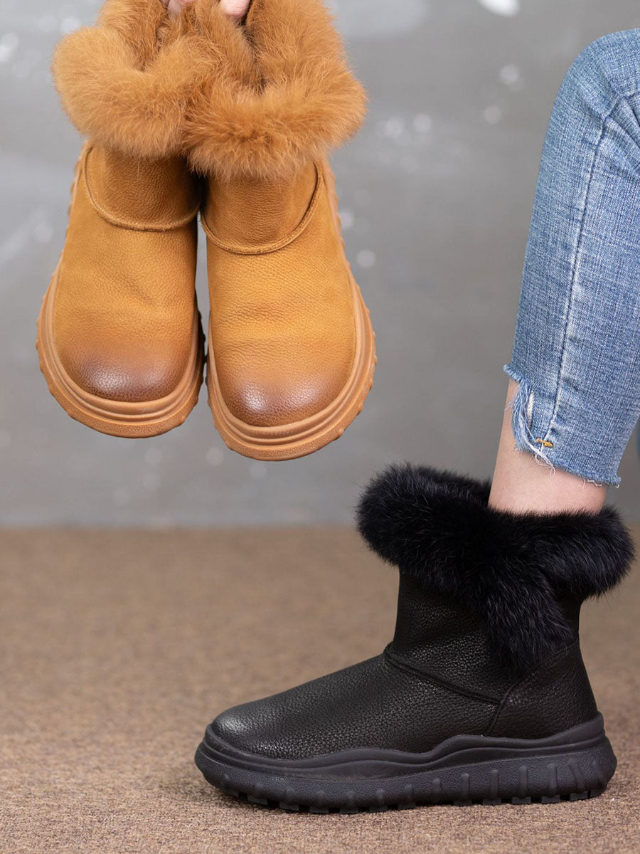 Solid Leather Plush Spliced Winter Boots
