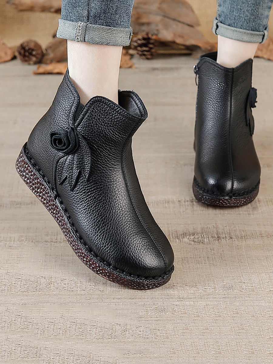 Vintage Genuine Leather Flower Flat Ankle Boots