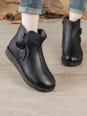 Vintage Genuine Leather Flower Flat Ankle Boots