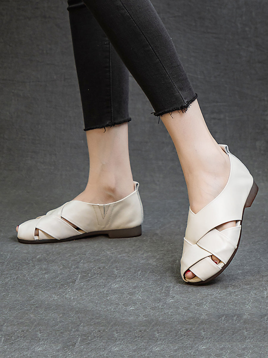 Soft Leather Spliced Low-Heel Shoes