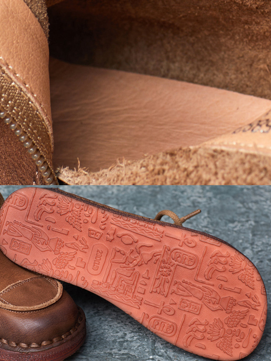 Winter Retro Leather Spliced Flat Boots