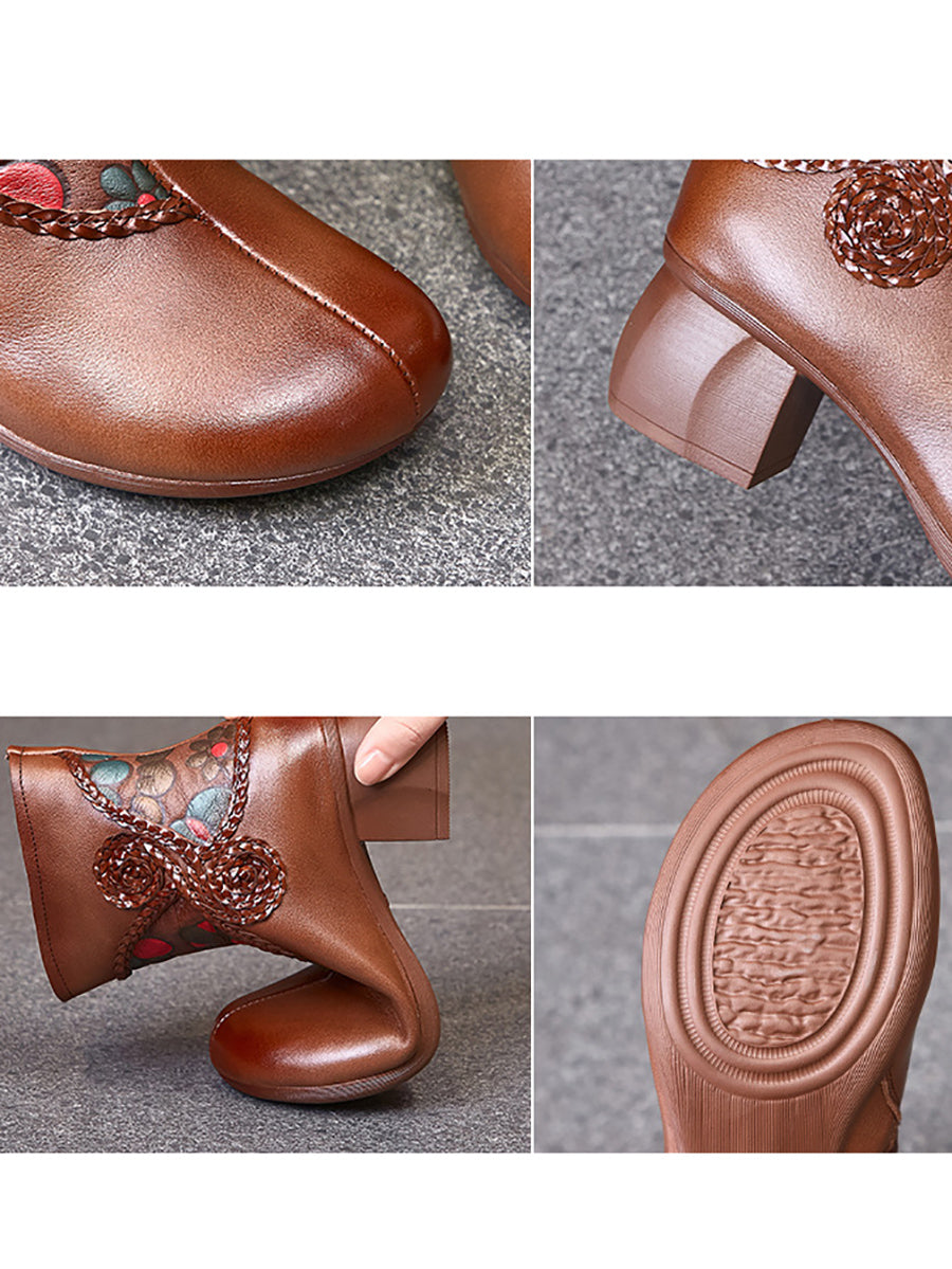 Ethnic Winter Flower Spliced Leather Mid-Heel Boots