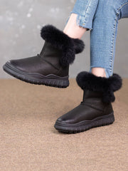 Solid Leather Plush Spliced Winter Boots