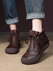 Retro Genuine Leather Spliced Strap Flat Boots