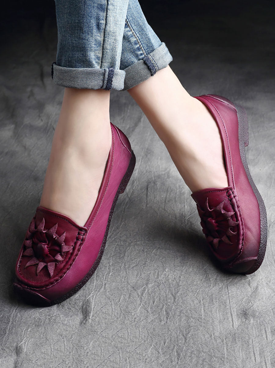 Vintage Flower Genuine Leather Low Heel Shoes