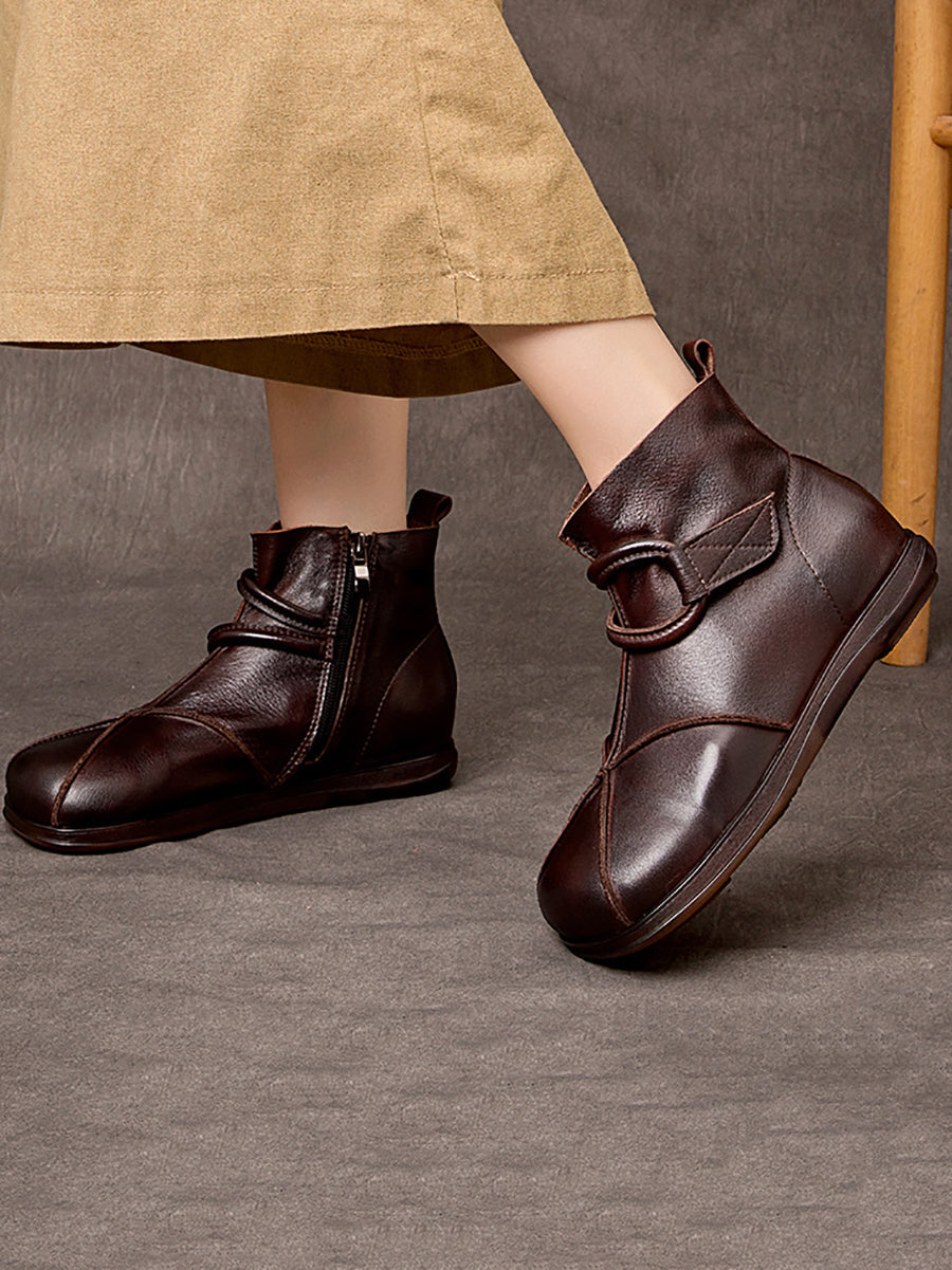 Vintage Genuine Leather Spliced Zipper Flat Boots