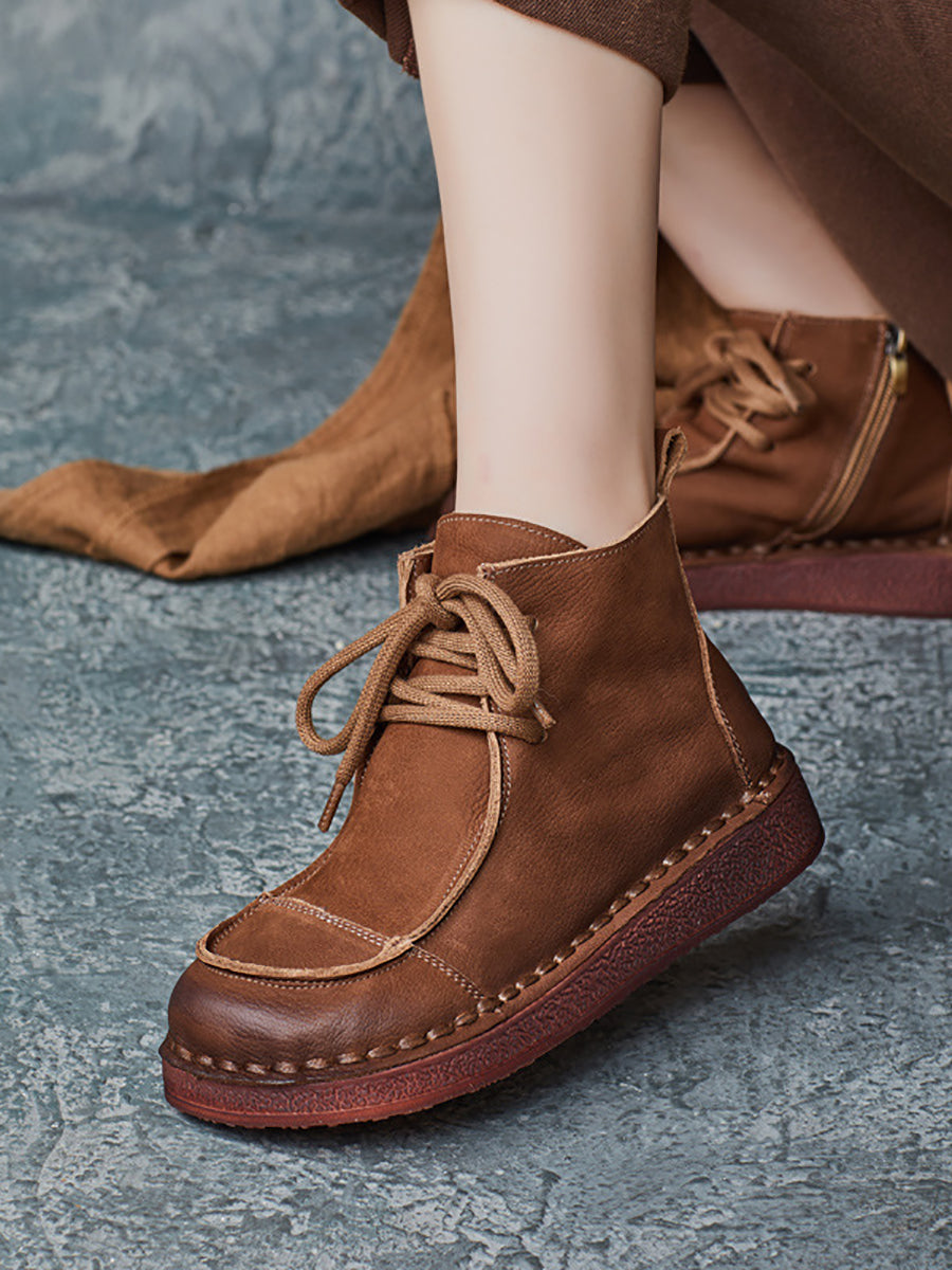 Winter Retro Leather Spliced Flat Boots