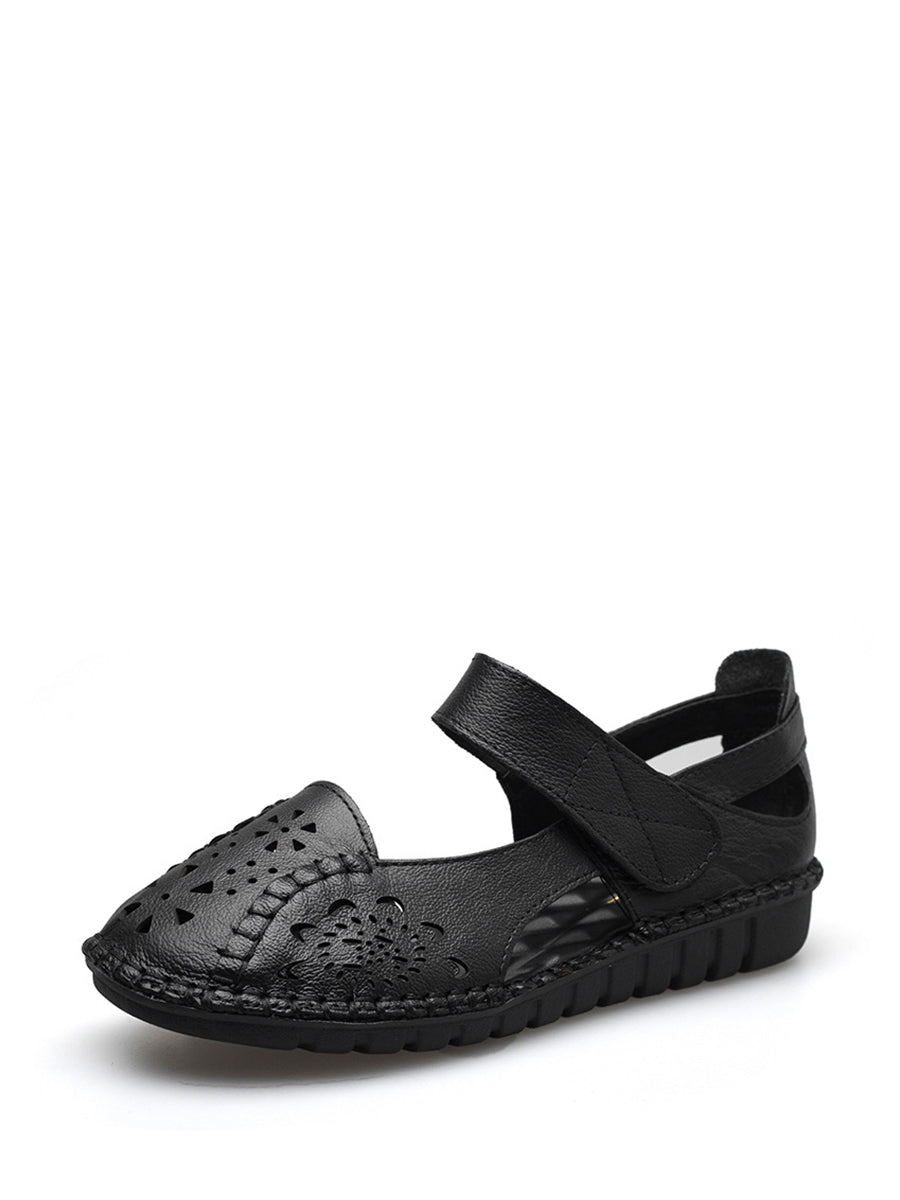 Leather Cutout Solid Low-Heel Sandals